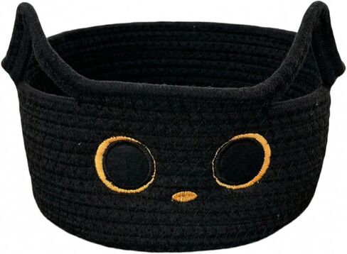 Black Cat Woven Toy Storage Basket, Small Cotton Rope Organizer with Cute Ears & Handle, Decorative Pet Storage Bin for Halloween, Nursery, Kids Room & Home Organization in Kuwait