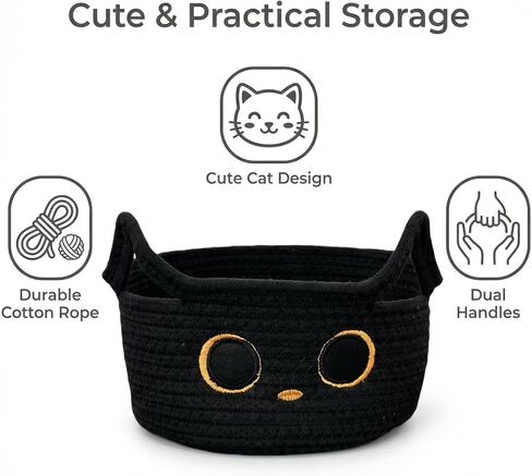 Black Cat Woven Toy Storage Basket, Small Cotton Rope Organizer with Cute Ears & Handle, Decorative Pet Storage Bin for Halloween, Nursery, Kids Room & Home Organization in Kuwait
