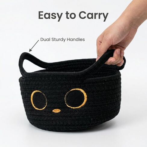 Black Cat Woven Toy Storage Basket, Small Cotton Rope Organizer with Cute Ears & Handle, Decorative Pet Storage Bin for Halloween, Nursery, Kids Room & Home Organization in Kuwait