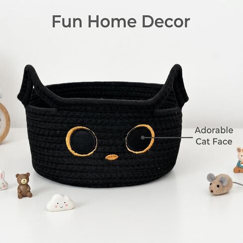 Black Cat Woven Toy Storage Basket, Small Cotton Rope Organizer with Cute Ears & Handle, Decorative Pet Storage Bin for Halloween, Nursery, Kids Room & Home Organization in Kuwait