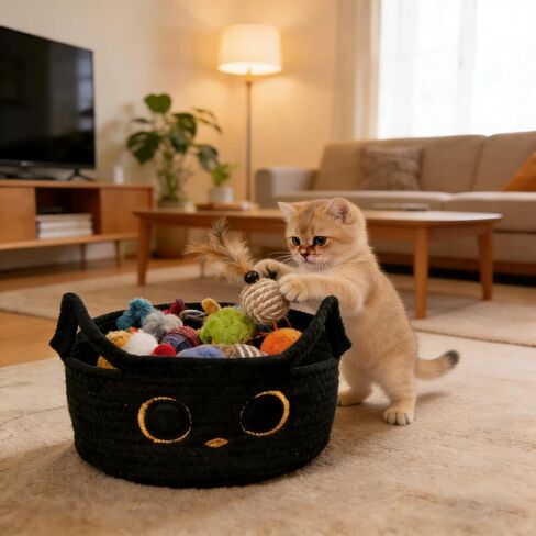 Black Cat Woven Toy Storage Basket, Small Cotton Rope Organizer with Cute Ears & Handle, Decorative Pet Storage Bin for Halloween, Nursery, Kids Room & Home Organization in Kuwait