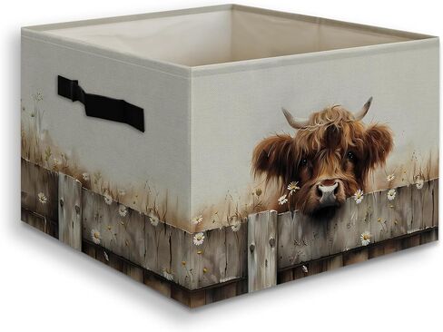 Rustic Highland Cow Gifts Decor Foldable Storage Bins Box with Handles, Farmhouse Countryside Wooden Fence Cute Fluffy Cow Collapsible Organizer Basket for Bedroom Bathroom Clothes Toys Books in Kuwait