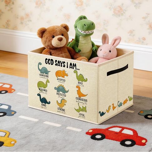 Christian Dinosaur Nursery Storage Bin Box, God Says I Am Bible Verse Inspirational Foldable Laundry Basket Toys Books Clothes Organizer for Boys Room Playroom Bathroom Decor in Kuwait