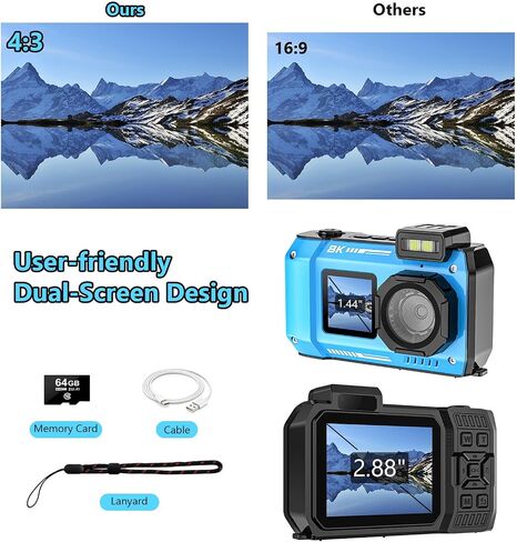 UHD 8K Underwater Camera, 70MP 33FT Waterproof Digital Camera 64GB Card | Dual-Screen Selfie, Floatable, Auto Focus, Fill Light, 2500mAh Battery, 18X Digital Zoom, Ideal for Snorkeling & Swimming in Kuwait