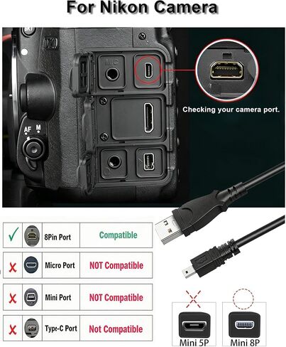 USB Cable Replacement UC-E6 UC-E16 UC-E17 Data Cable Compatible with Nikon Digital Cameras for Coolpix S3000 S3100 S3200 S3500 S3700 S4000 S6500 S6600 P100 P530 P5200 P510 P5P500 Camera Charging Cable in Kuwait