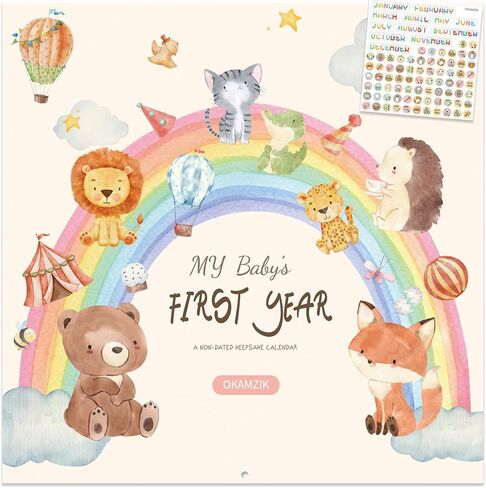 Baby's First Year Calendar, Memory Book with Milestone Stickers and Storage Pocket, Baby Keepsake Tracker - 1st Year Tracker (animal) in Kuwait