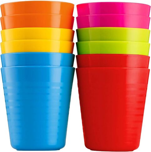 PLASKIDY Kids Plastic Cups Set of 12 Toddler Cups 8 Ounce Children Drinking Tumblers - Reusable Dishwasher Safe BPA Free in Kuwait