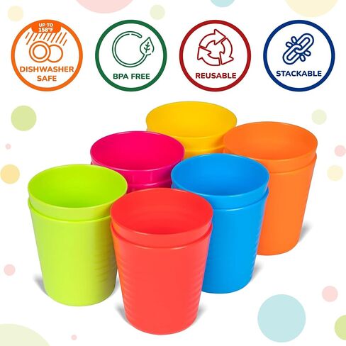 PLASKIDY Kids Plastic Cups Set of 12 Toddler Cups 8 Ounce Children Drinking Tumblers - Reusable Dishwasher Safe BPA Free in Kuwait