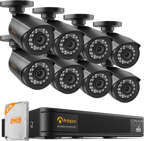 Anlapus H.265+ 8CH 1080P 2TB Outdoor Surveillance Camera Kit 2MP with DVR Recorder 1080P, Night Vision 20M Instant Alert & Free APP Remote Access in Saudi Arabia