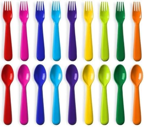 PLASKIDY Toddler Utensils Set of 18 Plastic Kids Utensils Forks and Spoons - BPA FREE/Dishwasher Safe Toddler Flatware Set Brightly Colored Children's Safe Silverewre Cutlery Set in Kuwait