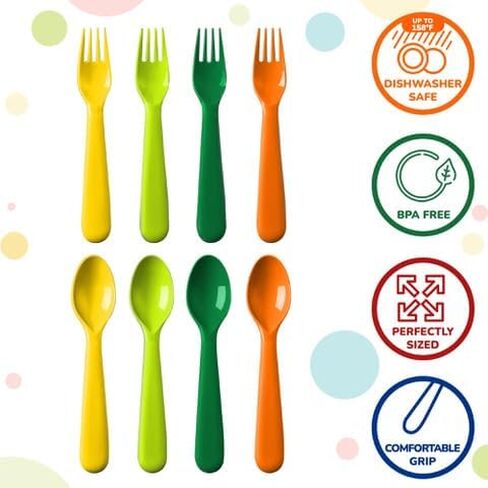 PLASKIDY Toddler Utensils Set of 18 Plastic Kids Utensils Forks and Spoons - BPA FREE/Dishwasher Safe Toddler Flatware Set Brightly Colored Children's Safe Silverewre Cutlery Set in Kuwait