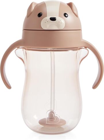 Munchkin Any Angle Spill Proof Weighted Straw Trainer Cup, Transition Sippy Cups for Toddlers and Babies, Click Lock Technology & Fun Dog Design, 10 Ounce, Brown in Kuwait