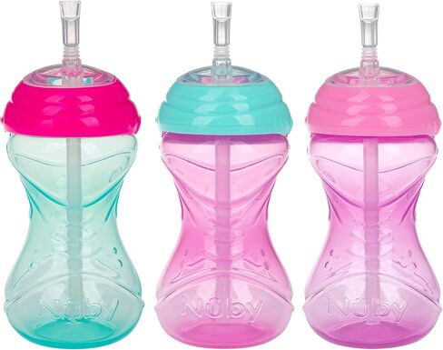 Nuby 3 Piece No-Spill Easy Grip Cup with Flex Straw, Clik It Lock Feature, Girl, 10 Ounce in Kuwait