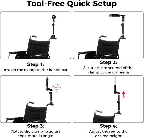 Wheelchair Umbrella Mount Holder, Umbrella Clamp for Wheelchairs, Adjustable Height & Angle, Easy Tool-Free Installation, Outdoor Sun & Rain Protection for Wheelchairs, Strollers（Only Mount） in Kuwait