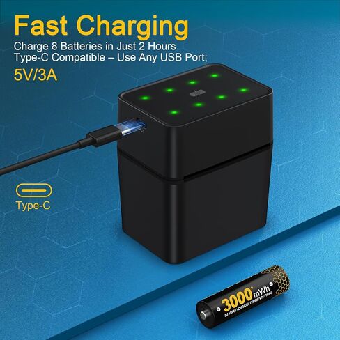 All-in-One 8-Pack Lithium AA Batteries & Charger Box Kit, 3000mWh Batteries with 2000 Cycles & 2H Quick Charging & Storage Box, USB-C 5V/3A, Great for Camera, Toys Home & Outdoor Gadgets in Kuwait