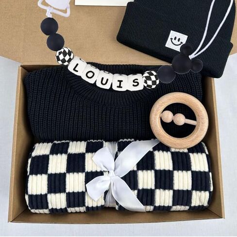 Personalized Pacifier Clip with Name Black Checkered Pacifier Holder Custom Name for Boy Mom Gift (Checkered) in Kuwait