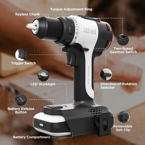 Litheli 20V Cordless Drill Driver, Brushless Power Drill with 2 Variable Speed, 1/2 Inch Keyless Chuck, Electric Drill, 17+1 Clutch Settings with Maximum Torque of 530 In-lbs in Kuwait