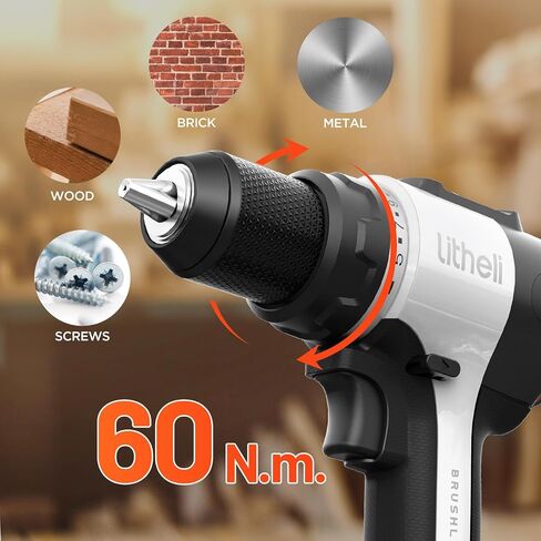 Litheli 20V Cordless Drill Driver, Brushless Power Drill with 2 Variable Speed, 1/2 Inch Keyless Chuck, Electric Drill, 17+1 Clutch Settings with Maximum Torque of 530 In-lbs in Kuwait