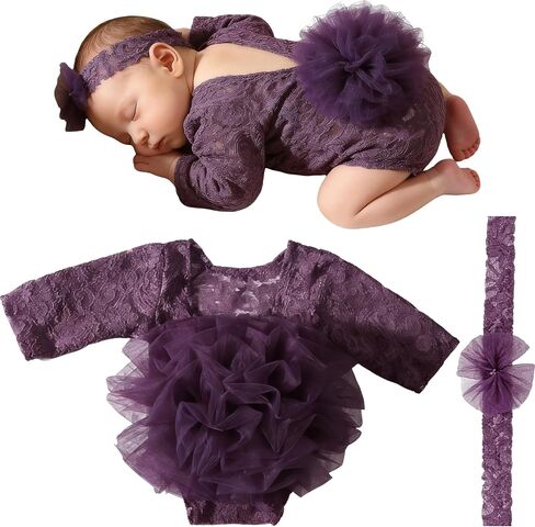 Newborn Photography Props, 2 Pieces Newborn Lace Romper with Tulle Flower Headband for Memory Photography in Kuwait