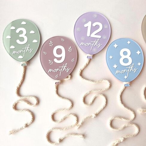 AnyDesign 12 Pcs Balloon Baby Monthly Milestone Cards Acrylic Marker Discs Boho Balloon Month Announcement Sign for Pregnancy Newborn Baby Growth Photo Prop Decor Supplies in Kuwait