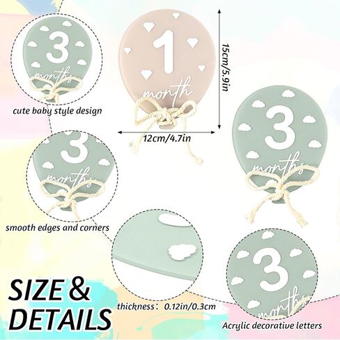 AnyDesign 12 Pcs Balloon Baby Monthly Milestone Cards Acrylic Marker Discs Boho Balloon Month Announcement Sign for Pregnancy Newborn Baby Growth Photo Prop Decor Supplies in Kuwait