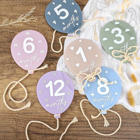 AnyDesign 12 Pcs Balloon Baby Monthly Milestone Cards Acrylic Marker Discs Boho Balloon Month Announcement Sign for Pregnancy Newborn Baby Growth Photo Prop Decor Supplies in Kuwait