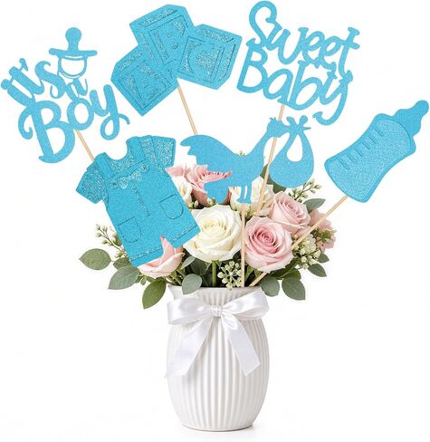 12Pcs Blue Glitter Baby Shower Floral Pick Decorations | Blue Sweet Baby Bouquet Vase Decor Toppers for Gender Reveal Baby Shower Decorations in Kuwait