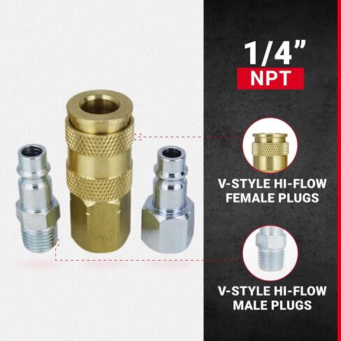 Milton Industries S-765 HI-Flo V-Style -FeetA,M,V-Feet 1/4-Inch MNPT Brass Body, Single & S-217 1/4" NPT V Style Coupler and Plug Kit - 6 Piece in Kuwait