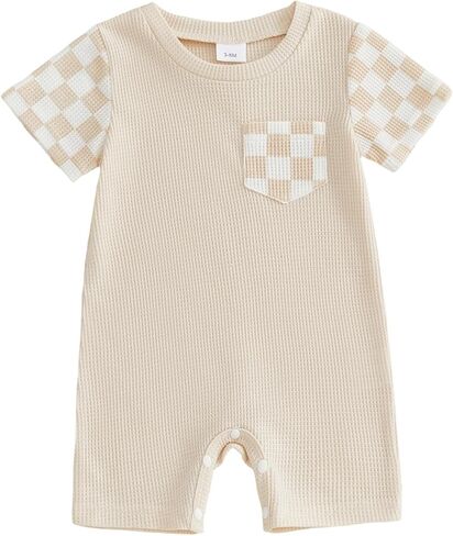 Newborn Baby Boy Girl Clothes Checkered Plaid Romper Waffle Knit Short Sleeve Jumpsuit One Piece Infant Summer Outfits in Kuwait