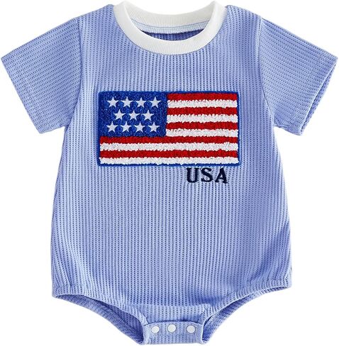 Newborn Baby Boy 4th of July Outfit American Flag Embroidery Striped Bubble Romper Waffle Knit Short Sleeve Bodysuit in Kuwait