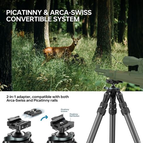 QM-2836 Shooting Tripod, Inverted Hunting Carbon Fiber Tripod with 45mm Ball Head and Picatinny to Arca Swiss Adapters, 36mm Thick Tubes, Max Load 55lbs Black in Kuwait