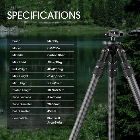 QM-2836 Shooting Tripod, Inverted Hunting Carbon Fiber Tripod with 45mm Ball Head and Picatinny to Arca Swiss Adapters, 36mm Thick Tubes, Max Load 55lbs Black in Kuwait