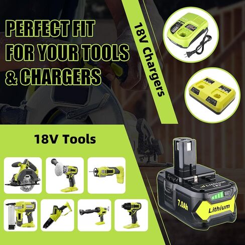 7.0Ah 18V 2 Pack Replacement for Ryobi Battery P108 P102 High Performance | Fits P103 P104 P105 P107 P109 P122 tools and P117 P118 P119 P125 chargers. Lithium-ion cells, CE and RoHS tested, LED gauge. in Kuwait