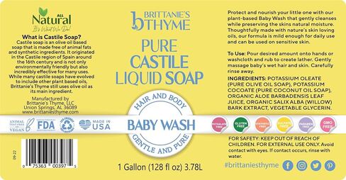 Brittanie's Pure Castile Liquid Soap Refill For Babies, 1 Gallon | Multi-Purpose For Body, Face, Hands, Laundry, Dishes, Pets & Baby, Organic, Vegan, Non-GMO, Olive Oil, Made in USA in Kuwait