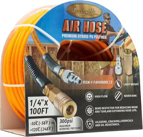 Premium Hybrid PU Polymer Orange Air Hose – 1/4" x 100 FT, 300 PSI, Lightweight, Flexible, Durable, Kink-Resistant, All-Weather, Heavy-Duty Air Compressor Hose with Brass Fittings & Bend Restrictors in Kuwait