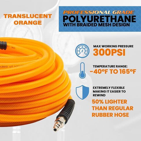 Premium Hybrid PU Polymer Orange Air Hose – 1/4" x 100 FT, 300 PSI, Lightweight, Flexible, Durable, Kink-Resistant, All-Weather, Heavy-Duty Air Compressor Hose with Brass Fittings & Bend Restrictors in Kuwait