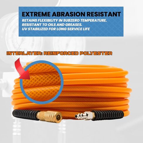 Premium Hybrid PU Polymer Orange Air Hose – 1/4" x 100 FT, 300 PSI, Lightweight, Flexible, Durable, Kink-Resistant, All-Weather, Heavy-Duty Air Compressor Hose with Brass Fittings & Bend Restrictors in Kuwait