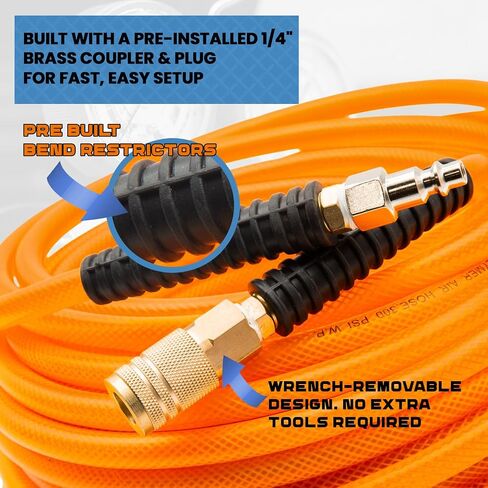 Premium Hybrid PU Polymer Orange Air Hose – 1/4" x 100 FT, 300 PSI, Lightweight, Flexible, Durable, Kink-Resistant, All-Weather, Heavy-Duty Air Compressor Hose with Brass Fittings & Bend Restrictors in Kuwait