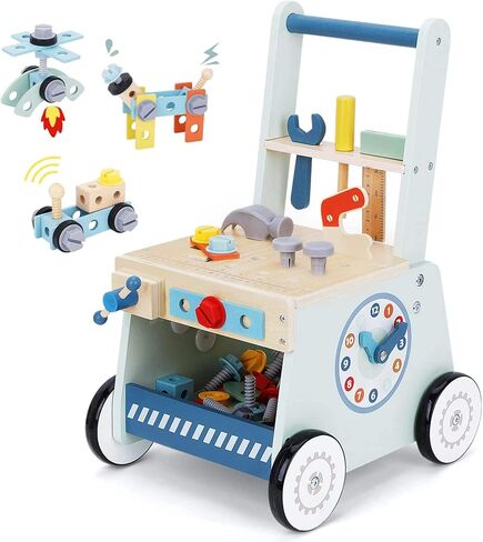 2-in-1 Wooden Baby Walker and Tool Bench with Building Play, Blue | Sturdy Wooden Push Walker with a Tool Bench, Pretend Tools, Bolts, Clock, and Storage for Hands-On Building Play, 18 Months+ in Kuwait