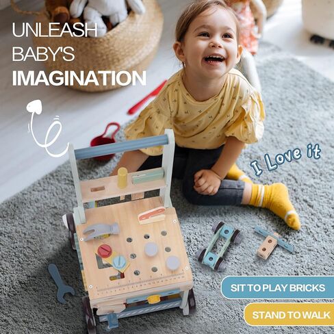 2-in-1 Wooden Baby Walker and Tool Bench with Building Play, Blue | Sturdy Wooden Push Walker with a Tool Bench, Pretend Tools, Bolts, Clock, and Storage for Hands-On Building Play, 18 Months+ in Kuwait