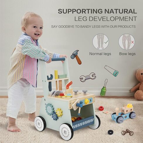 2-in-1 Wooden Baby Walker and Tool Bench with Building Play, Blue | Sturdy Wooden Push Walker with a Tool Bench, Pretend Tools, Bolts, Clock, and Storage for Hands-On Building Play, 18 Months+ in Kuwait