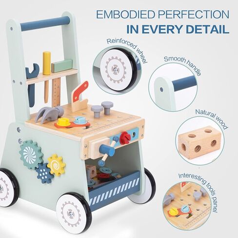 2-in-1 Wooden Baby Walker and Tool Bench with Building Play, Blue | Sturdy Wooden Push Walker with a Tool Bench, Pretend Tools, Bolts, Clock, and Storage for Hands-On Building Play, 18 Months+ in Kuwait