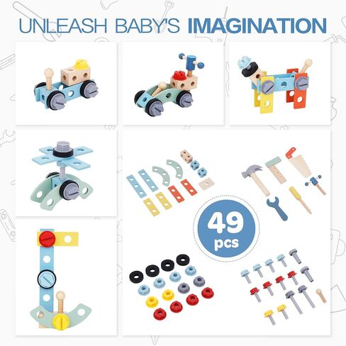 2-in-1 Wooden Baby Walker and Tool Bench with Building Play, Blue | Sturdy Wooden Push Walker with a Tool Bench, Pretend Tools, Bolts, Clock, and Storage for Hands-On Building Play, 18 Months+ in Kuwait