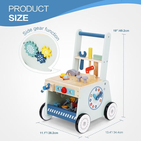 2-in-1 Wooden Baby Walker and Tool Bench with Building Play, Blue | Sturdy Wooden Push Walker with a Tool Bench, Pretend Tools, Bolts, Clock, and Storage for Hands-On Building Play, 18 Months+ in Kuwait