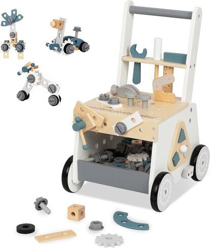 2-in-1 Wooden Baby Walker and Tool Bench with Building Play, Blue | Sturdy Wooden Push Walker with a Tool Bench, Pretend Tools, Bolts, Clock, and Storage for Hands-On Building Play, 18 Months+ in Kuwait