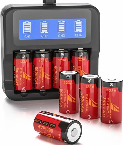123A Rechargeable Batteries, FARSAIL 4-Pack ICR17335 NiMH Batteries and Charger for Arlo Camera VMS3130 VMC3030 VMK3200 VMS3330 3430 3530, Alarm System, Flasglight in Kuwait