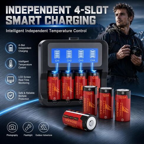 123A Rechargeable Batteries, FARSAIL 4-Pack ICR17335 NiMH Batteries and Charger for Arlo Camera VMS3130 VMC3030 VMK3200 VMS3330 3430 3530, Alarm System, Flasglight in Kuwait