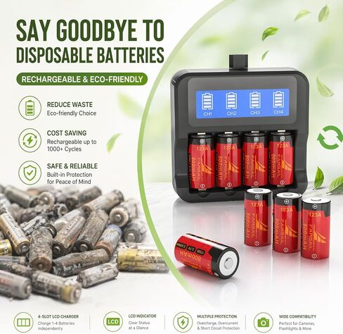 123A Rechargeable Batteries, FARSAIL 4-Pack ICR17335 NiMH Batteries and Charger for Arlo Camera VMS3130 VMC3030 VMK3200 VMS3330 3430 3530, Alarm System, Flasglight in Kuwait