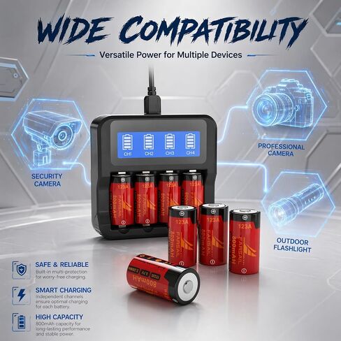 123A Rechargeable Batteries, FARSAIL 4-Pack ICR17335 NiMH Batteries and Charger for Arlo Camera VMS3130 VMC3030 VMK3200 VMS3330 3430 3530, Alarm System, Flasglight in Kuwait
