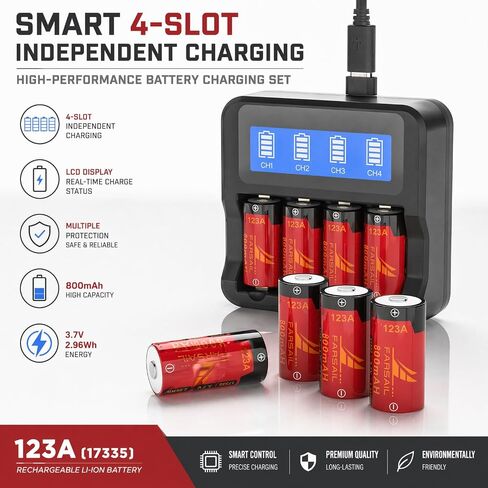 123A Rechargeable Batteries, FARSAIL 4-Pack ICR17335 NiMH Batteries and Charger for Arlo Camera VMS3130 VMC3030 VMK3200 VMS3330 3430 3530, Alarm System, Flasglight in Kuwait